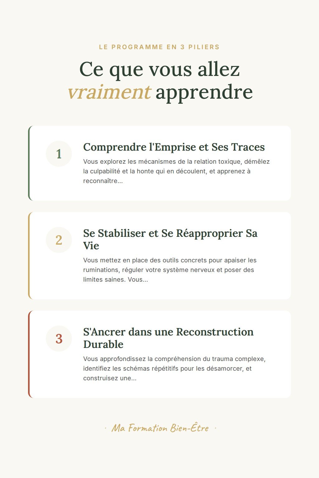 Les 3 piliers du programme · Sortez de l'emprise et reconstruisez votre vie, module par module