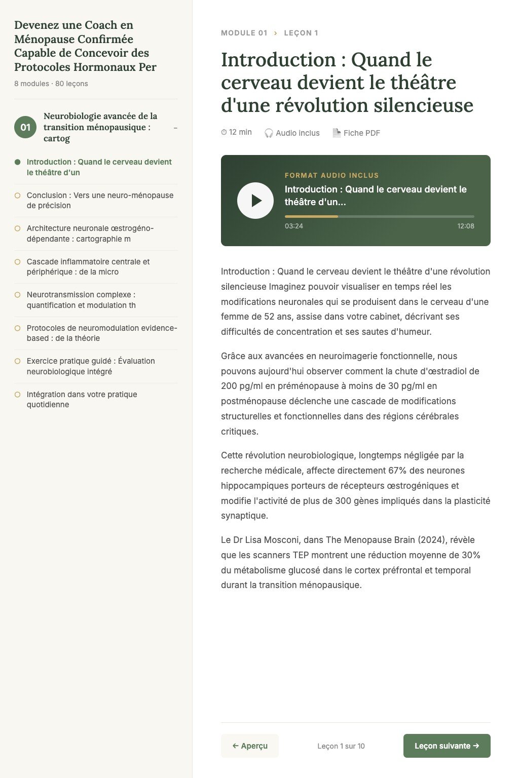 Aperçu d'une leçon · Devenez une Coach en Ménopause Confirmée Capable de Concevoir des Protocoles Hormonaux Personnalisés avec Précision Clinique