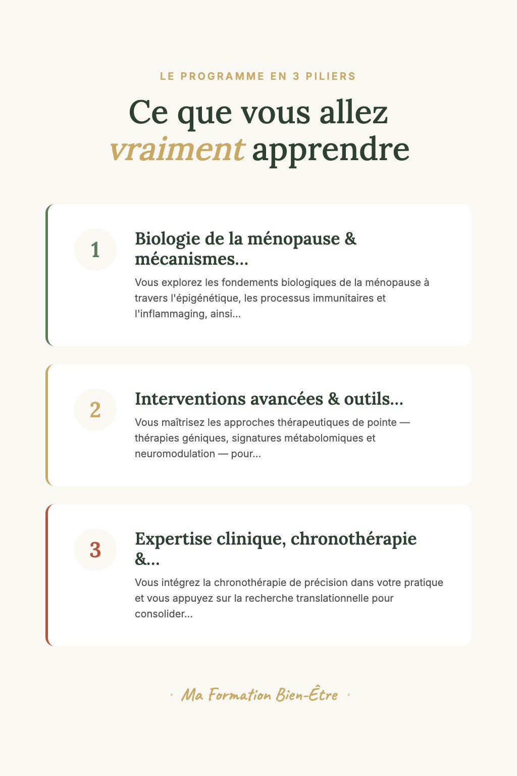 Les 3 piliers du programme · Maîtrisez l'Art du Coaching Ménopause Expert et Formez les Praticiens de Demain aux Approches Psycho-Neuro-Endocriniennes