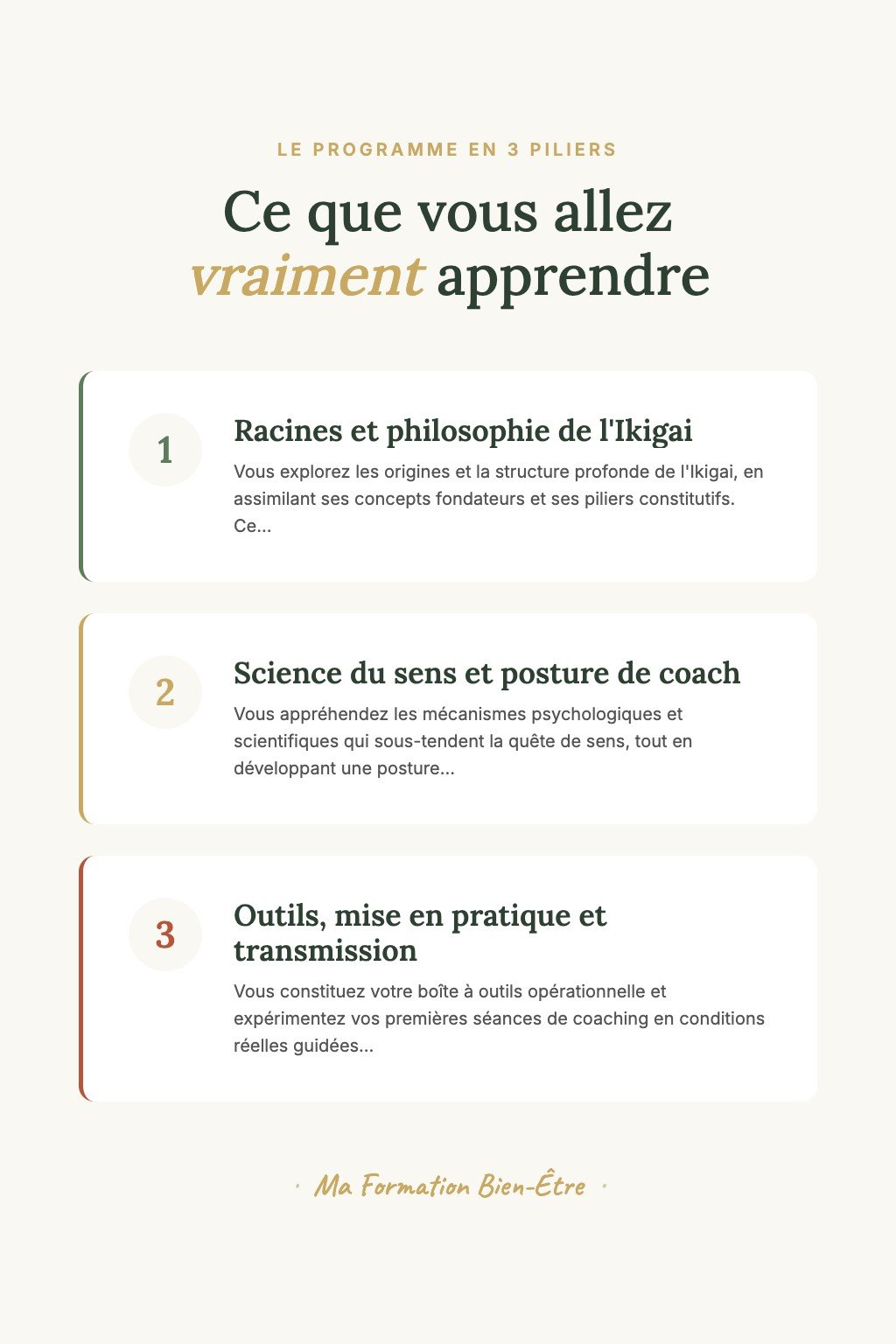 Les 3 piliers du programme · Découvrez l'Ikigai et Guidez Vos Premiers Clients vers Leur Raison d'Être Profonde