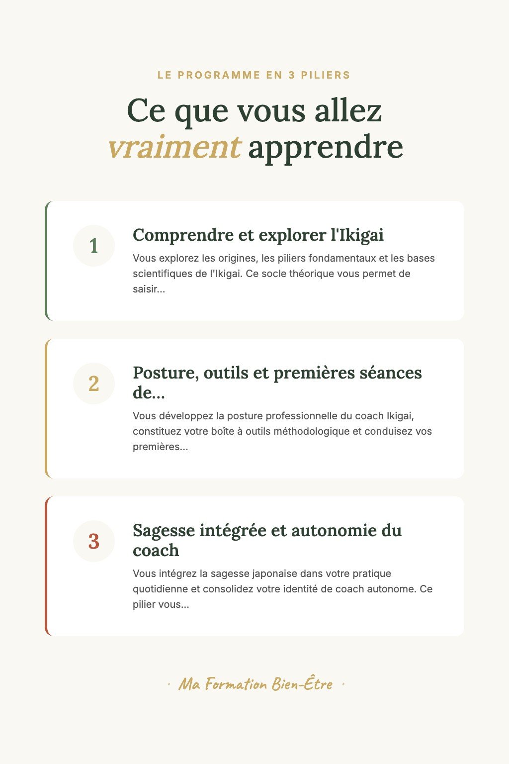 Les 3 piliers du programme · Découvrez l'Ikigai et Guidez Vos Premiers Clients vers Leur Raison d'Être Profonde