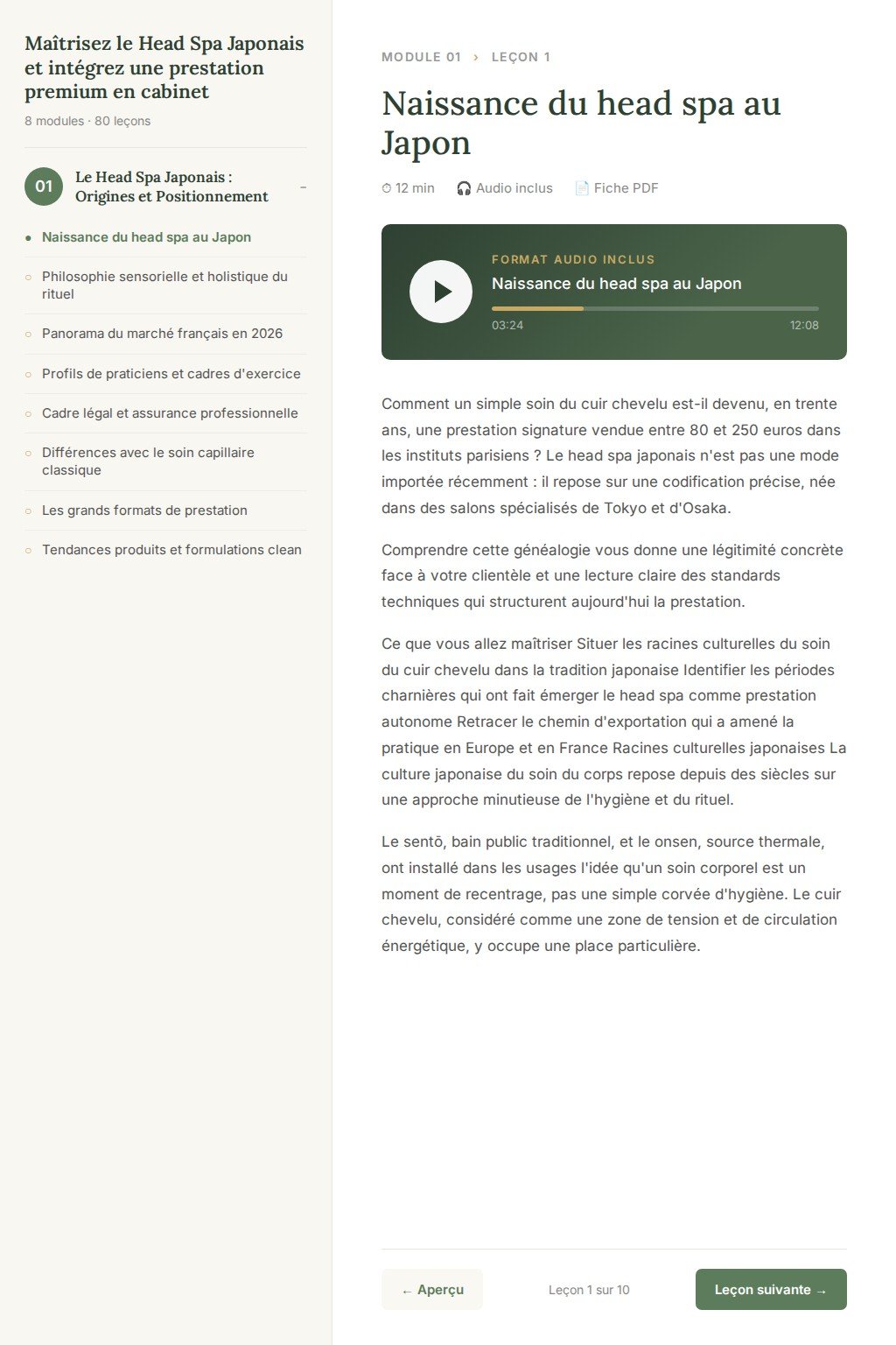 Aperçu d'une leçon · Maîtrisez le Head Spa Japonais et intégrez une prestation premium en cabinet