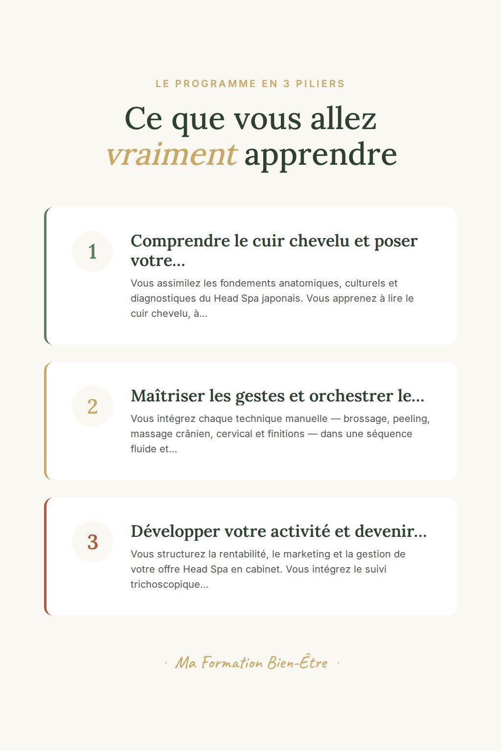 Les 3 piliers du programme · Maîtrisez le Head Spa Japonais et intégrez une prestation premium en cabinet