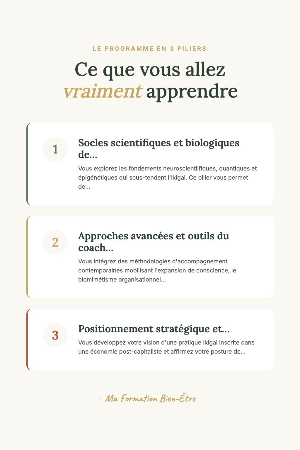 Les 3 piliers du programme · Maîtrisez l'Art du Coaching Ikigai et Devenez l'Architecte des Transformations Profondes