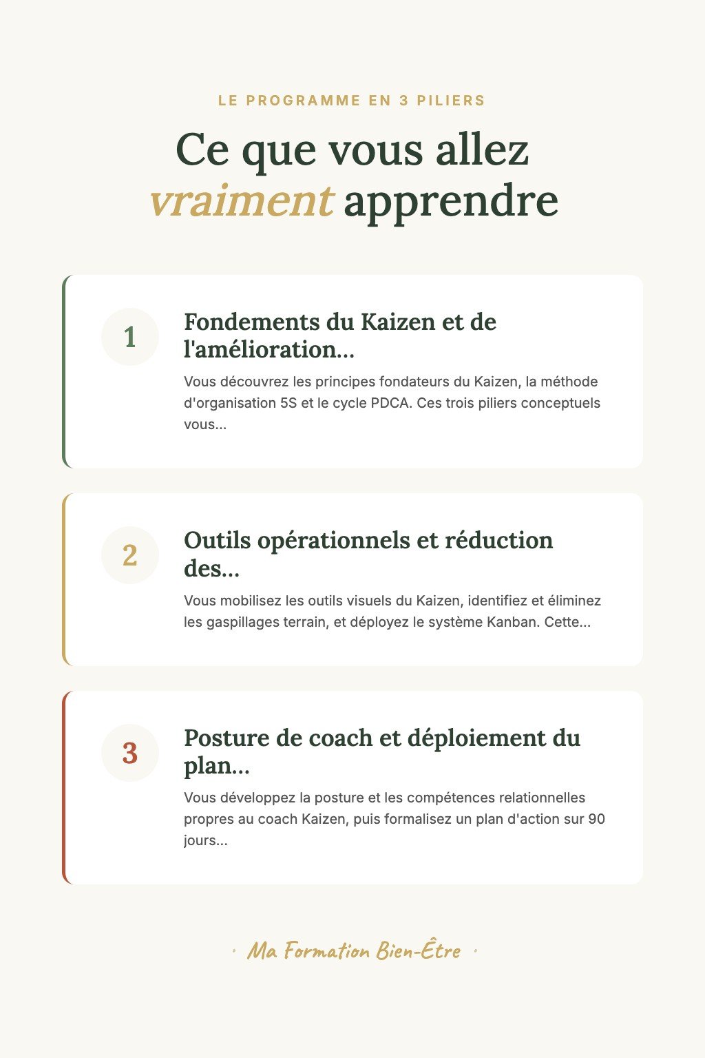Les 3 piliers du programme · Découvrez le Kaizen et Faites Vos Premiers Pas vers l'Excellence Opérationnelle en Coaching