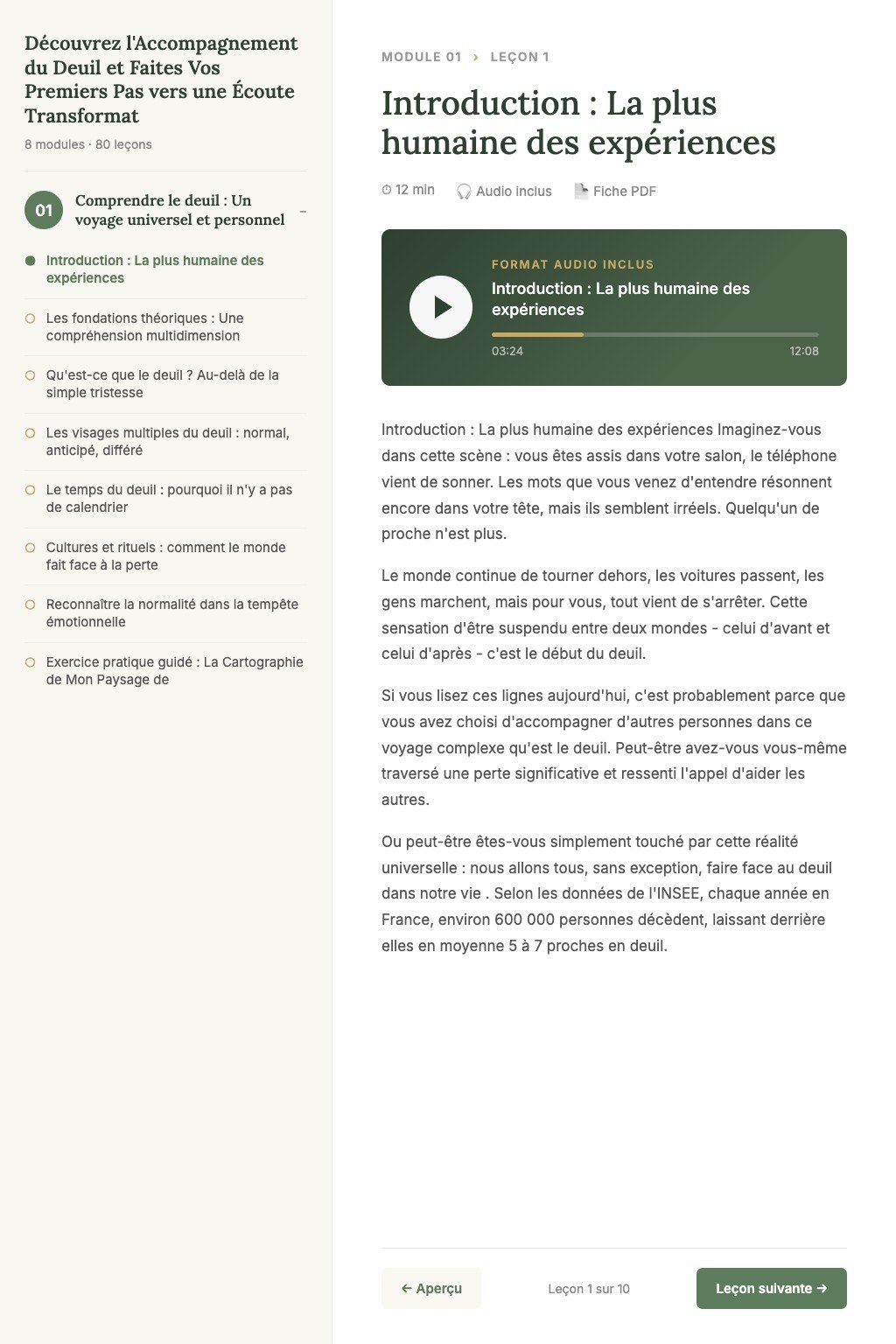 Aperçu d'une leçon · Découvrez l'Accompagnement du Deuil et Faites Vos Premiers Pas vers une Écoute Transformatrice