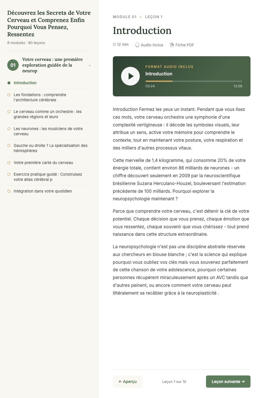 Aperçu d'une leçon · Découvrez les Secrets de Votre Cerveau et Comprenez Enfin Pourquoi Vous Pensez, Ressentez et Mémorisez