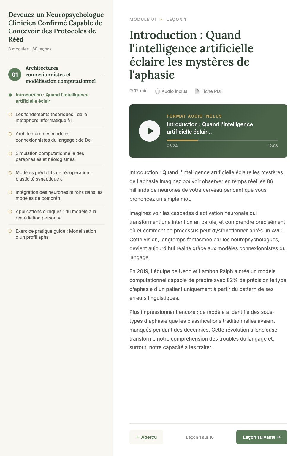 Aperçu d'une leçon · Devenez un Neuropsychologue Clinicien Confirmé Capable de Concevoir des Protocoles de Rééducation Cognitive Personnalisés avec Excellence