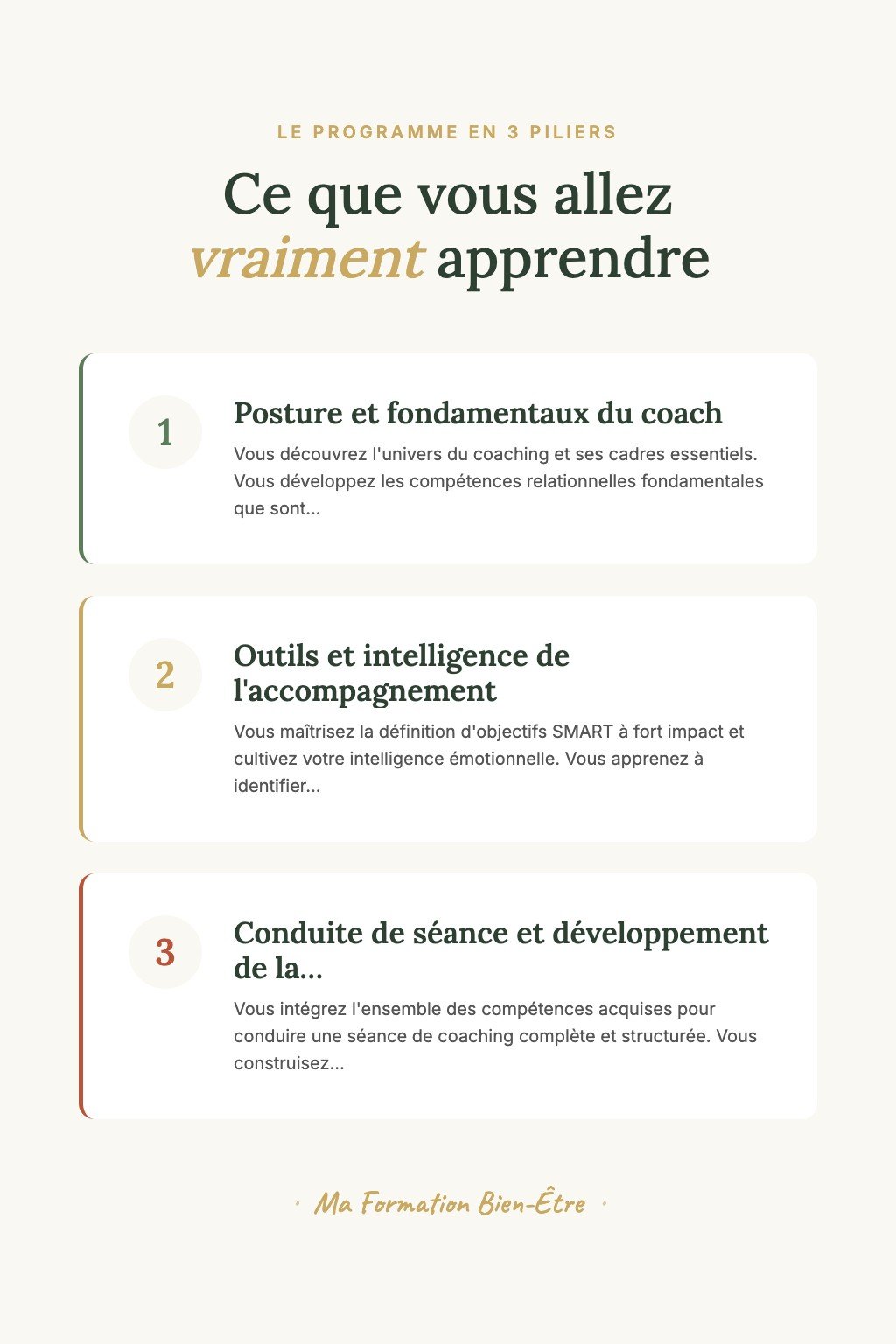 Les 3 piliers du programme · Découvrez le Coaching en Développement Personnel et Accompagnez Vos Premiers Clients vers leur Transformation