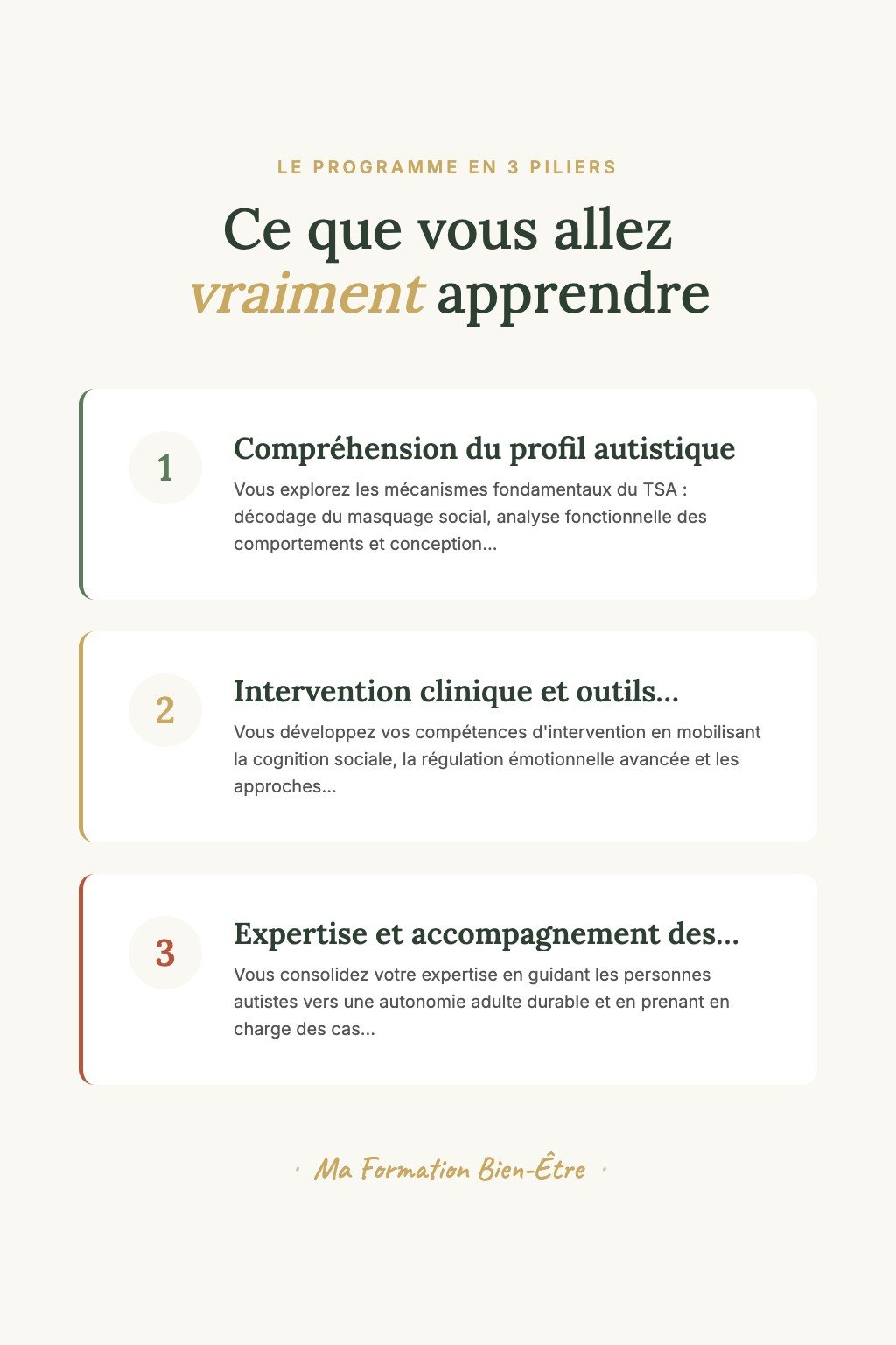 Les 3 piliers du programme · Devenez un Coach TSA Confirmé Capable de Transformer les Profils Complexes avec Expertise et Précision