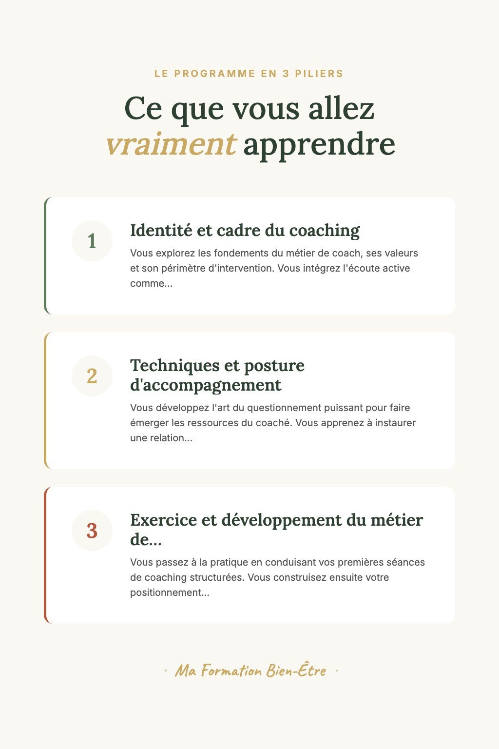 Les 3 piliers du programme · Découvrez les Fondamentaux du Coaching et Accompagnez Vos Premiers Clients avec Confiance
