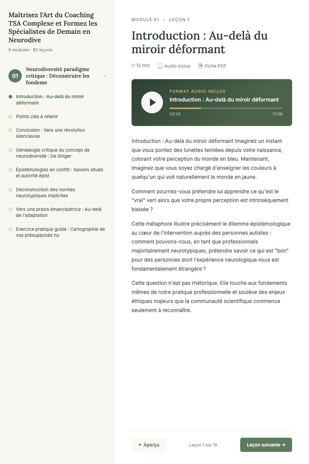 Aperçu d'une leçon · Maîtrisez l'Art du Coaching TSA Complexe et Formez les Spécialistes de Demain en Neurodiversité
