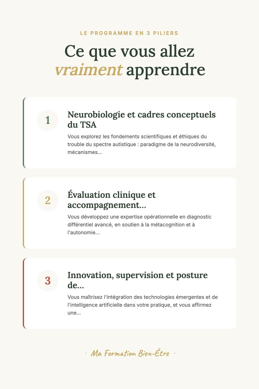 Les 3 piliers du programme · Maîtrisez l'Art du Coaching TSA Complexe et Formez les Spécialistes de Demain en Neurodiversité