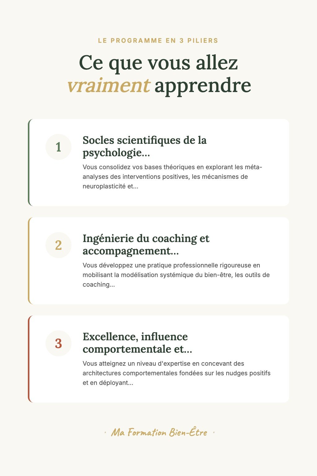 Les 3 piliers du programme · Maîtrisez l'Art du Coaching en Psychologie Positive et Certifiez la Prochaine Génération de Coachs d'Excellence