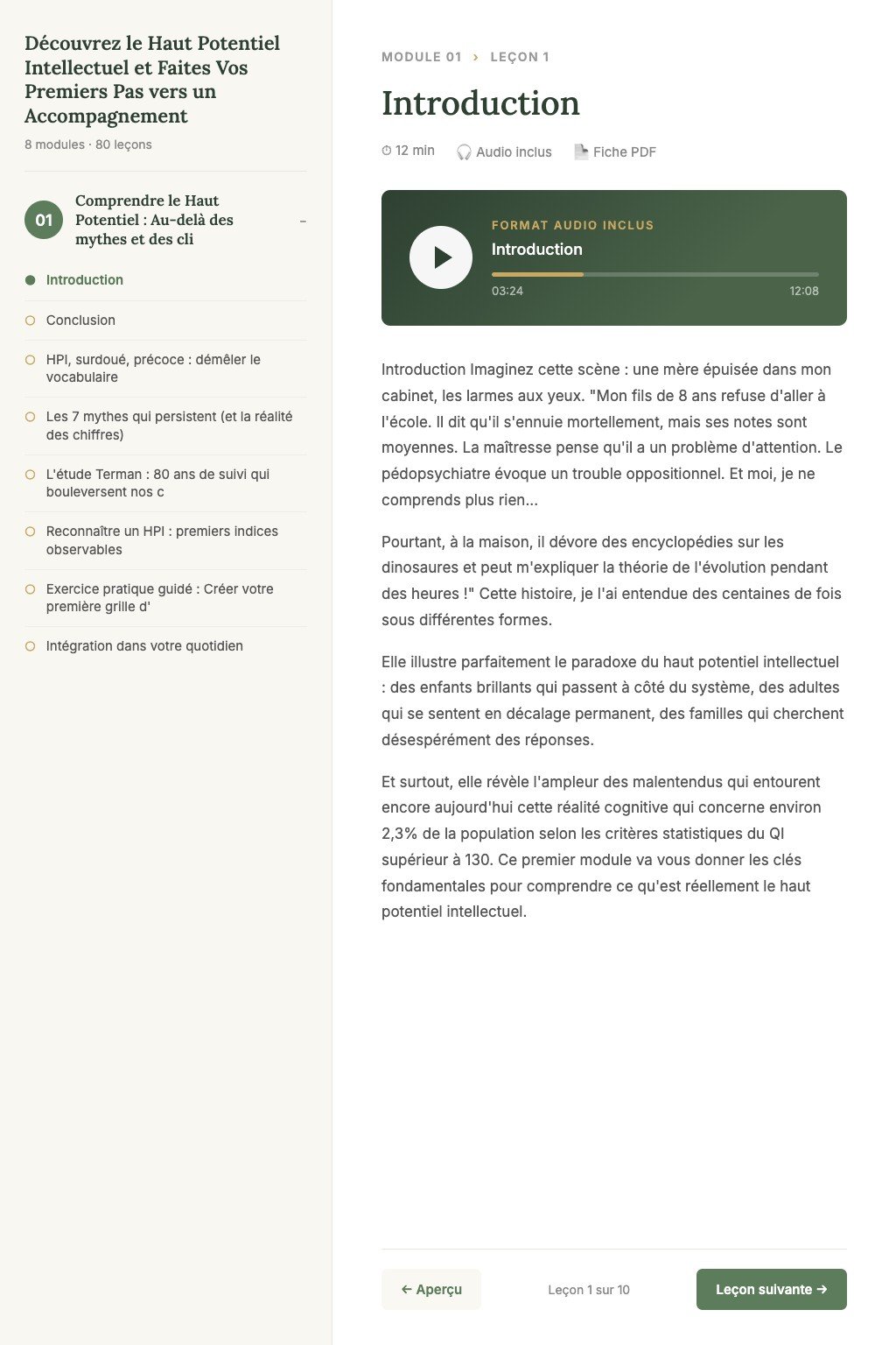 Aperçu d'une leçon · Découvrez le Haut Potentiel Intellectuel et Faites Vos Premiers Pas vers un Accompagnement Bienveillant des HPI