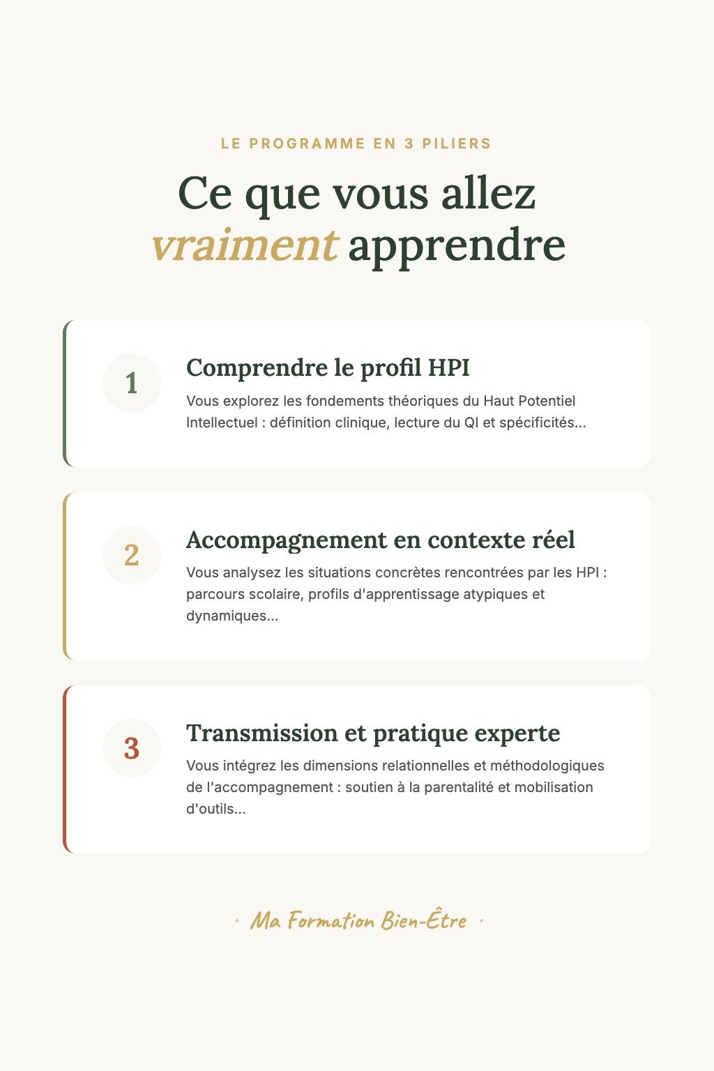 Les 3 piliers du programme · Découvrez le Haut Potentiel Intellectuel et Faites Vos Premiers Pas vers un Accompagnement Bienveillant des HPI