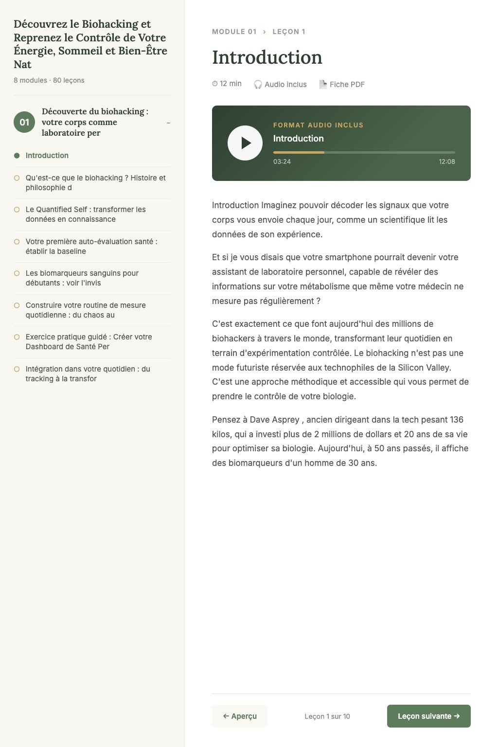 Aperçu d'une leçon · Découvrez le Biohacking et Reprenez le Contrôle de Votre Énergie, Sommeil et Bien-Être Naturellement