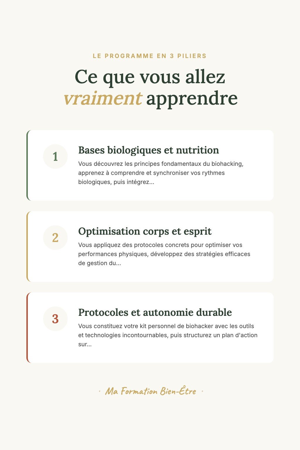 Les 3 piliers du programme · Découvrez le Biohacking et Reprenez le Contrôle de Votre Énergie, Sommeil et Bien-Être Naturellement