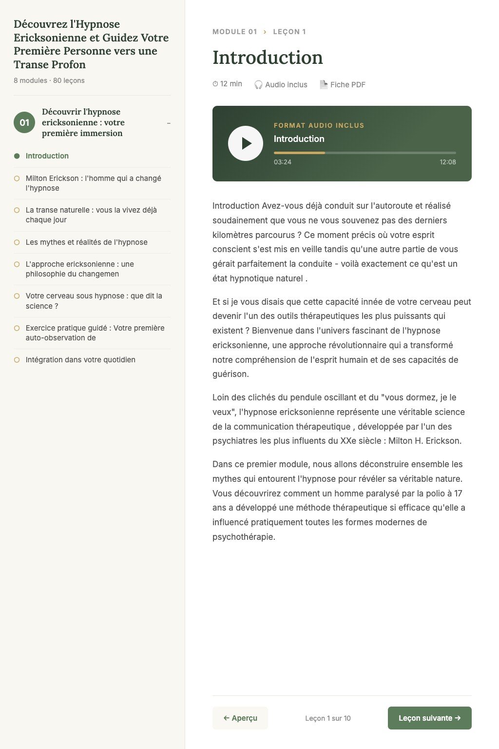 Aperçu d'une leçon · Découvrez l'Hypnose Ericksonienne et Guidez Votre Première Personne vers une Transe Profonde