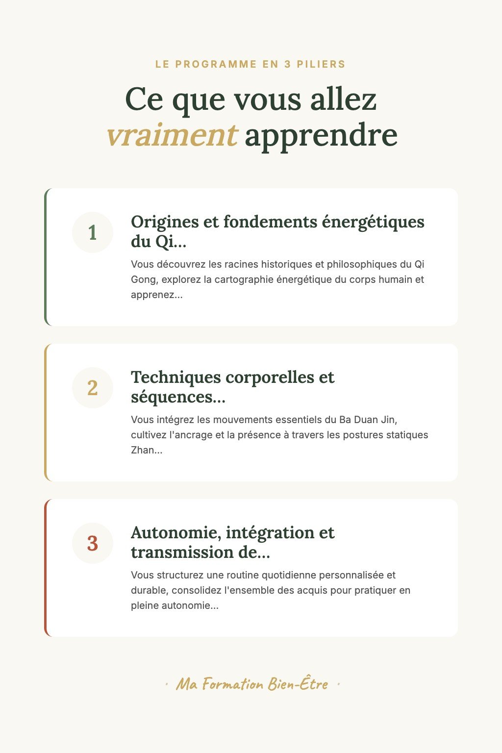Les 3 piliers du programme · Découvrez le Qi Gong et Éveillez Votre Énergie Vitale grâce aux Postures Fondamentales