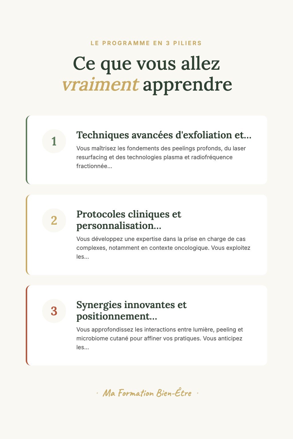 Les 3 piliers du programme · Maîtrisez l'Art de l'Exfoliation Thérapeutique Avancée et Devenez Référent en Protocoles Dermiques d'Exception