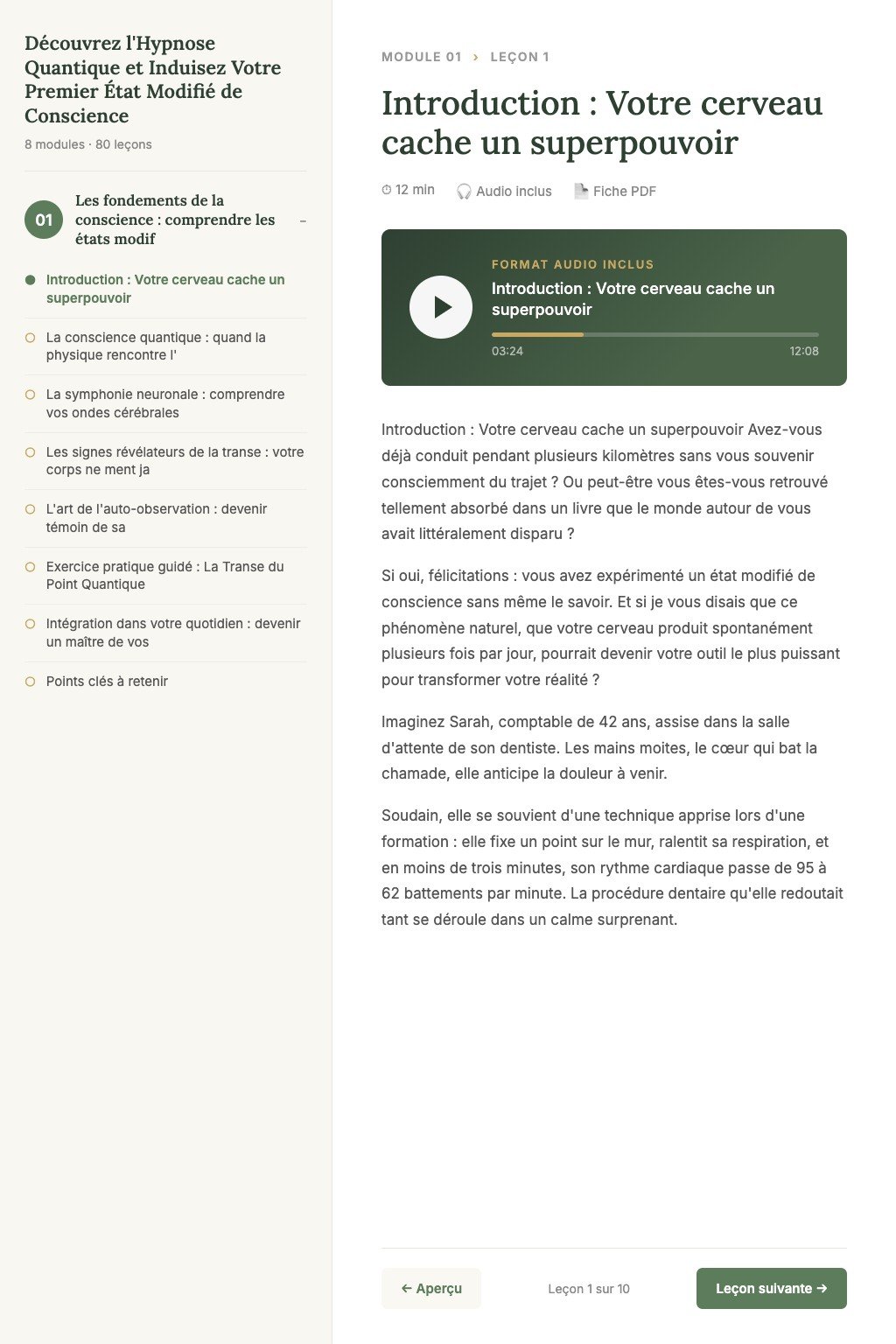 Aperçu d'une leçon · Découvrez l'Hypnose Quantique et Induisez Votre Premier État Modifié de Conscience