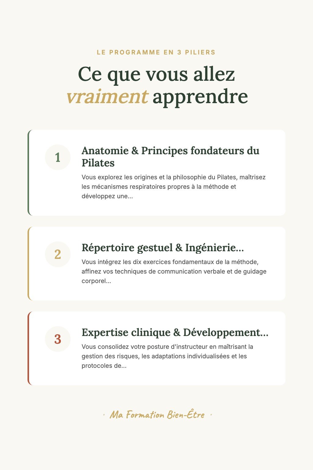 Les 3 piliers du programme · Découvrez les Fondamentaux du Pilates et Obtenez Votre Première Certification d'Instructeur