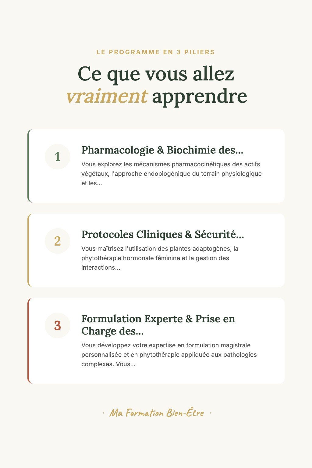 Les 3 piliers du programme · Devenez un Phytothérapeute Confirmé Capable de Créer des Protocoles Thérapeutiques Complexes avec Précision Clinique