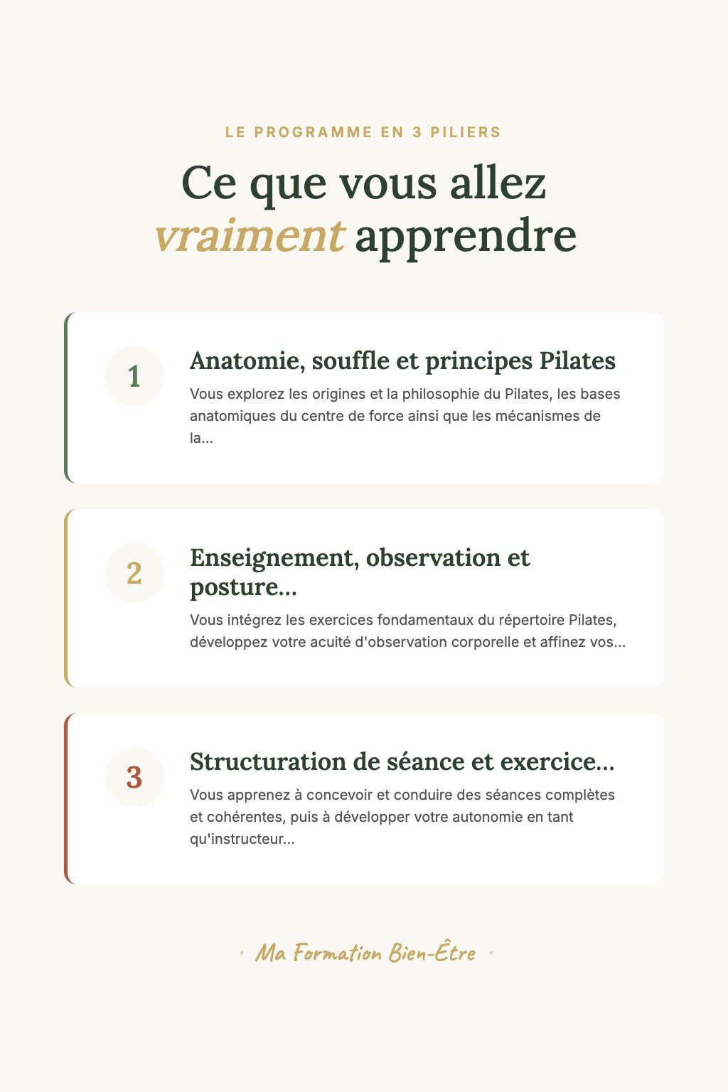 Les 3 piliers du programme · Découvrez les Fondamentaux du Pilates et Guidez Vos Premiers Élèves avec Confiance et Précision