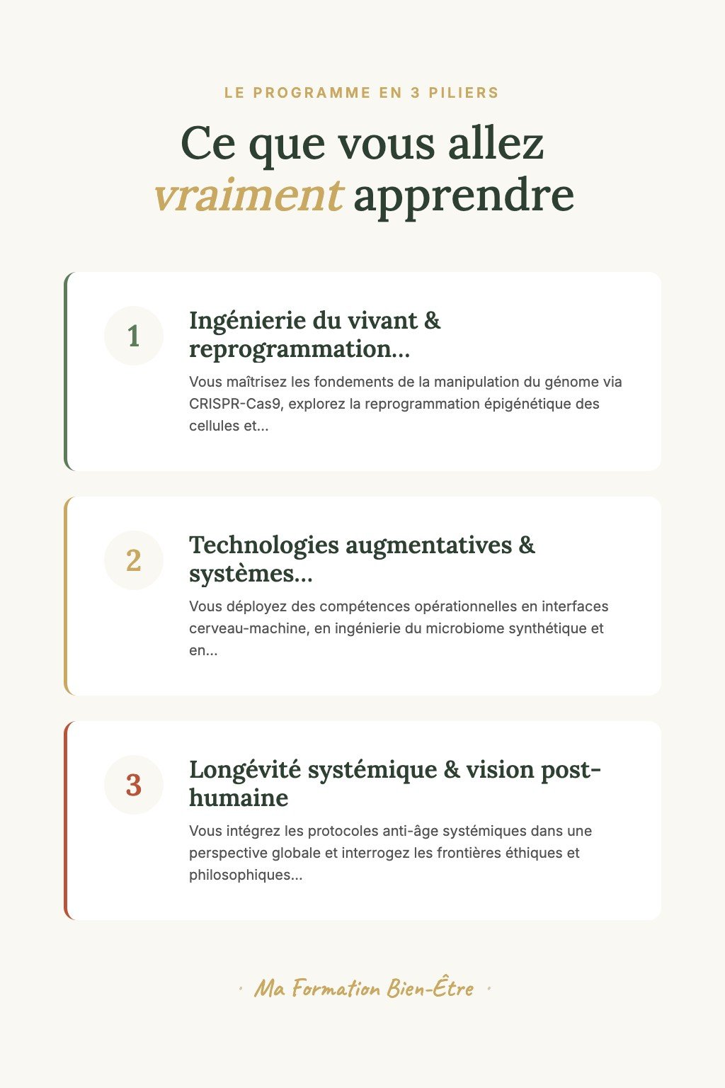 Les 3 piliers du programme · Maîtrisez l'Art du Biohacking Génomique et Devenez l'Architecte de l'Optimisation Humaine de Demain