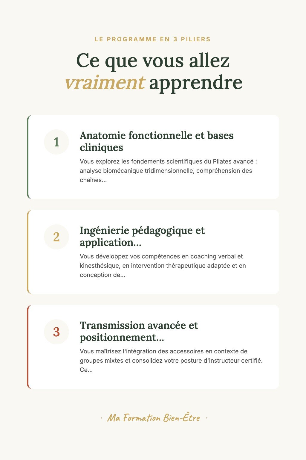 Les 3 piliers du programme · Devenez un Instructeur Pilates Confirmé Capable d'Accompagner les Cas Thérapeutiques Complexes avec Expertise