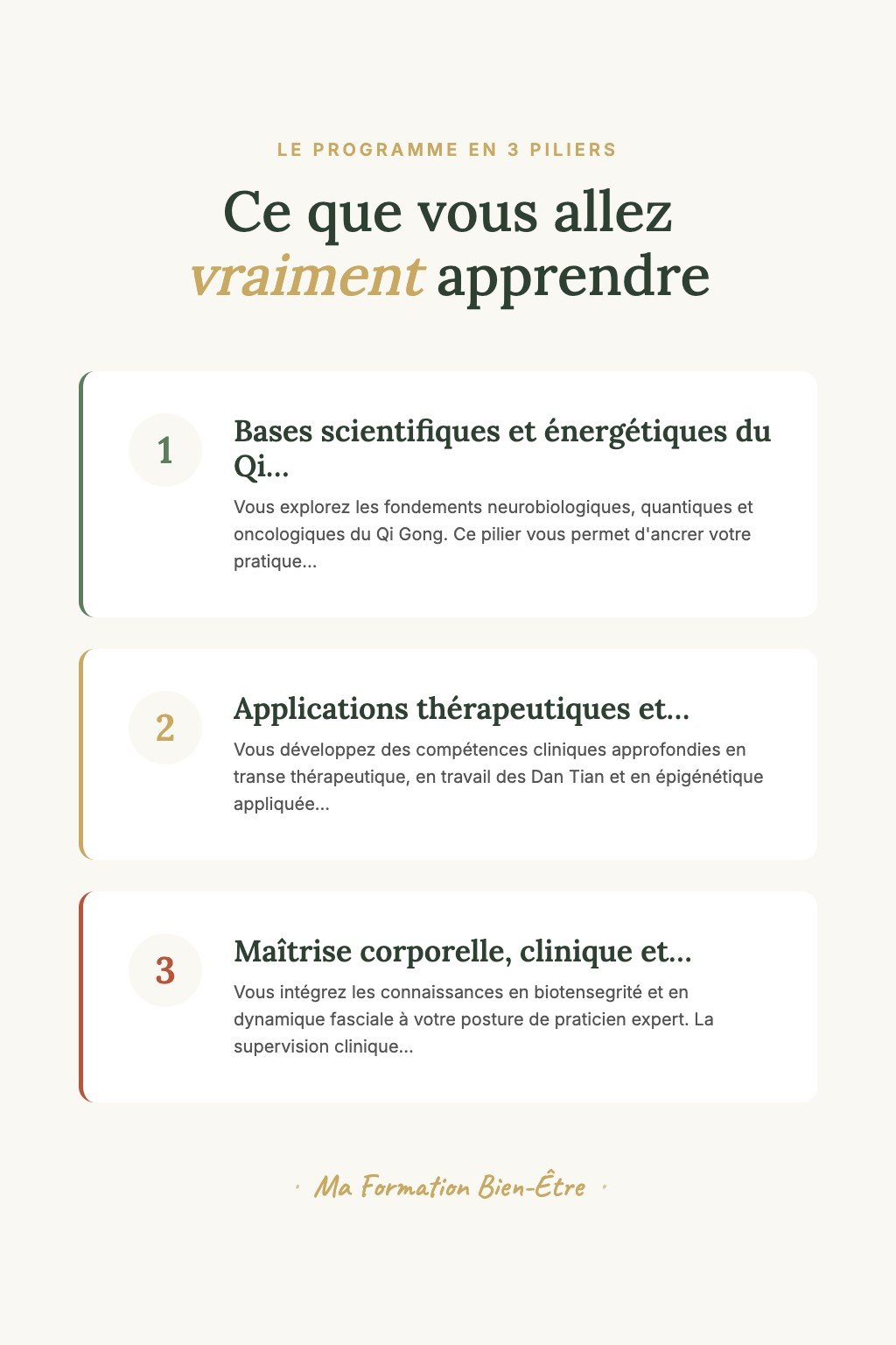 Les 3 piliers du programme · Maîtrisez l'Art du Qi Gong Thérapeutique et Transmettez Votre Excellence aux Futurs Instructeurs
