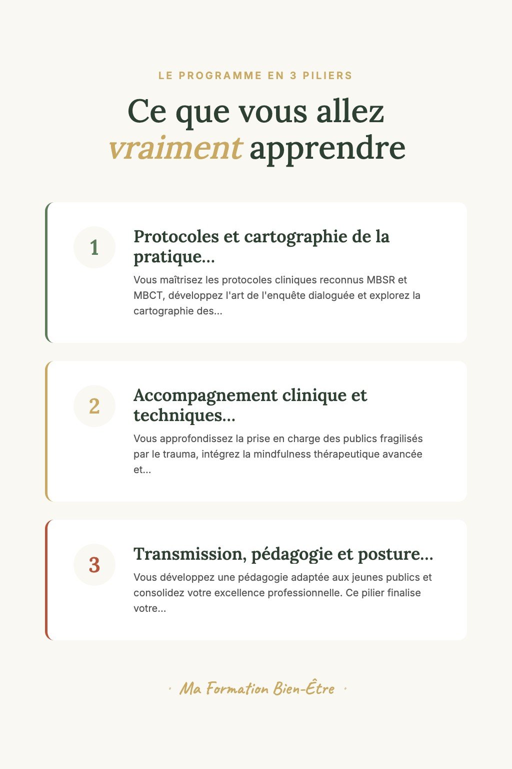 Les 3 piliers du programme · Devenez un Enseignant en Méditation Confirmé Capable de Créer des Protocoles Thérapeutiques Personnalisés avec Excellence
