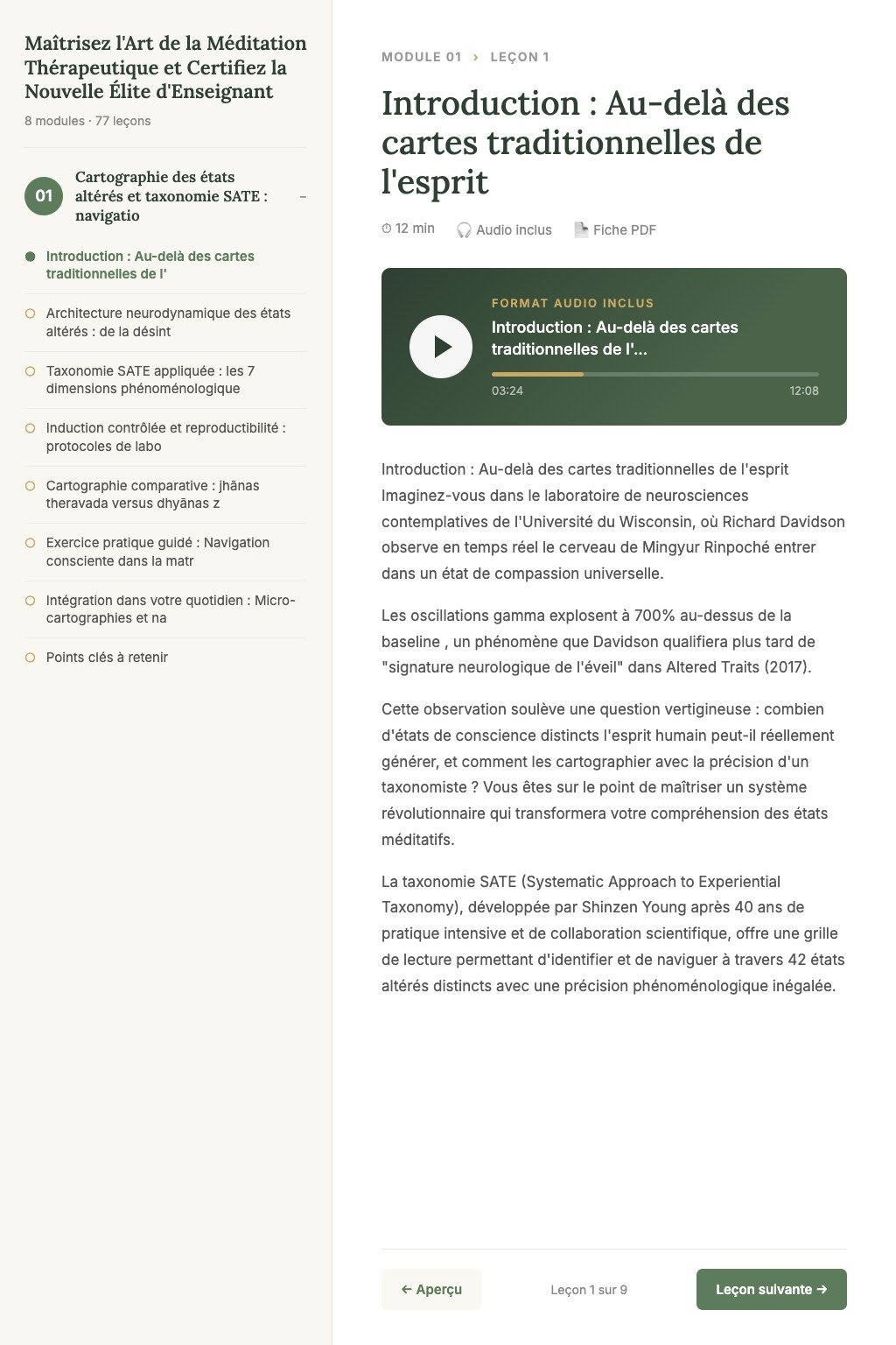 Aperçu d'une leçon · Maîtrisez l'Art de la Méditation Thérapeutique et Certifiez la Nouvelle Élite d'Enseignants aux Standards Internationaux