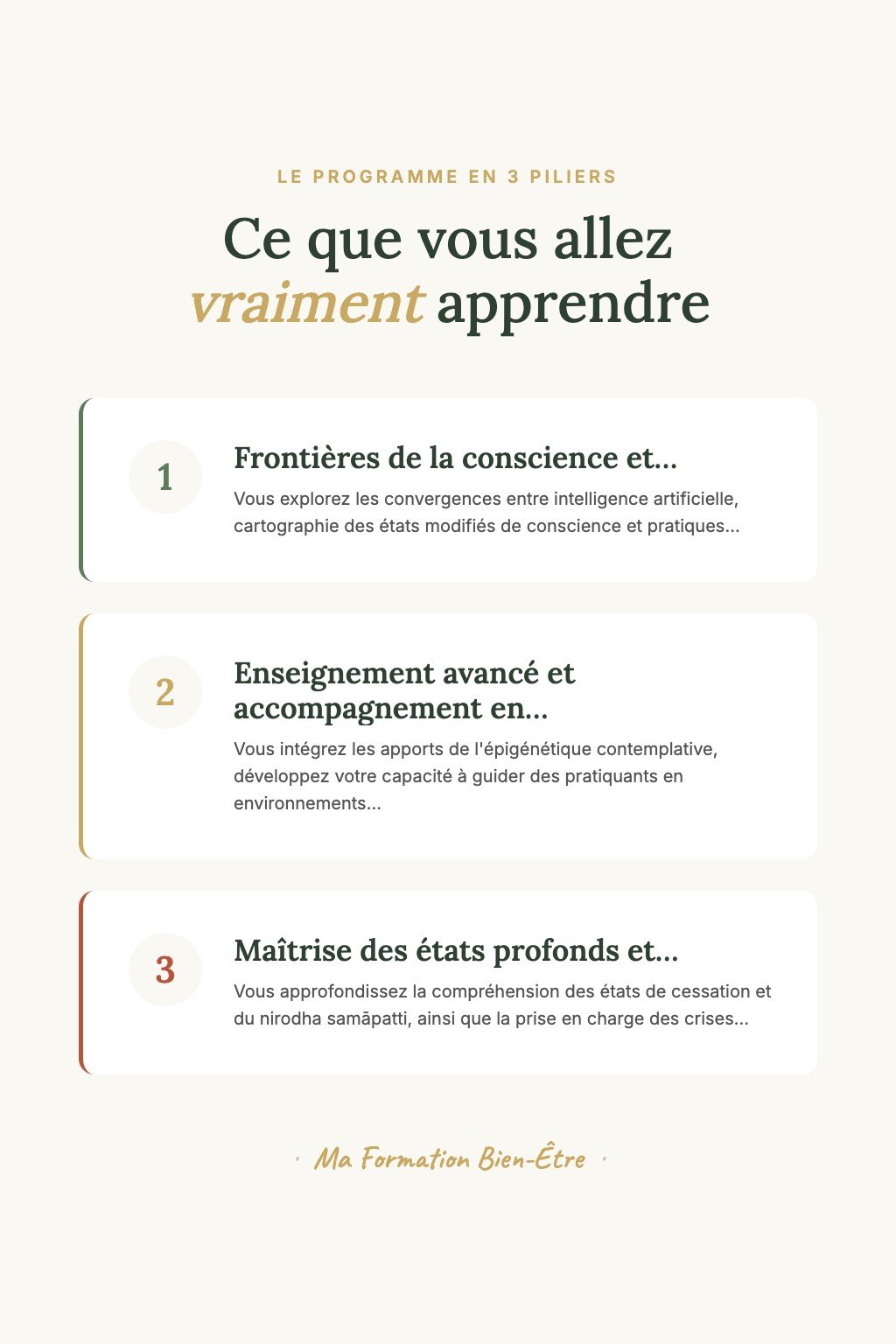 Les 3 piliers du programme · Maîtrisez l'Art de la Méditation Thérapeutique et Certifiez la Nouvelle Élite d'Enseignants aux Standards Internationaux