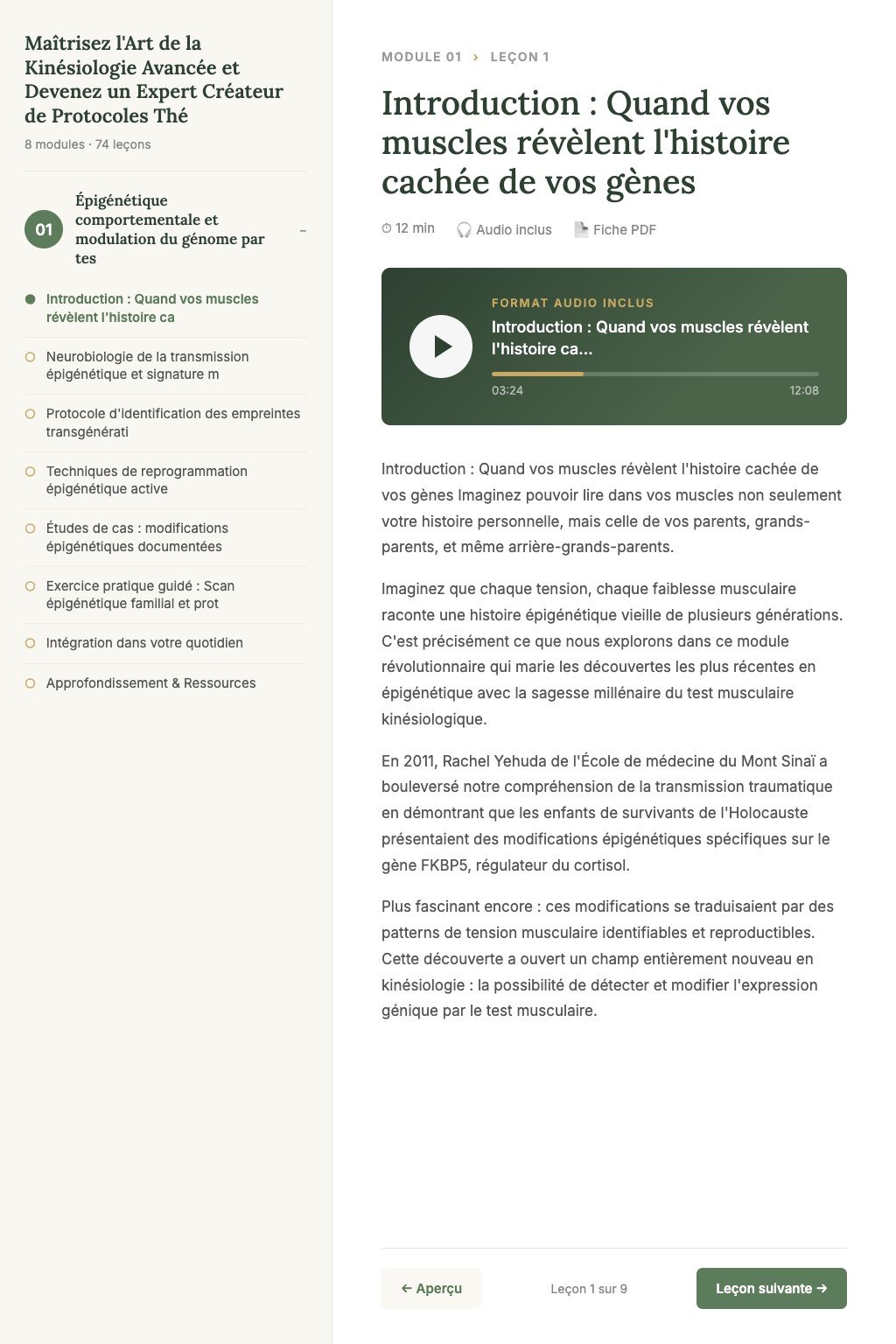 Aperçu d'une leçon · Maîtrisez l'Art de la Kinésiologie Avancée et Devenez un Expert Créateur de Protocoles Thérapeutiques Innovants