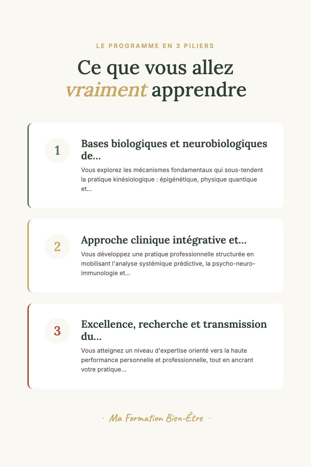 Les 3 piliers du programme · Maîtrisez l'Art de la Kinésiologie Avancée et Devenez un Expert Créateur de Protocoles Thérapeutiques Innovants