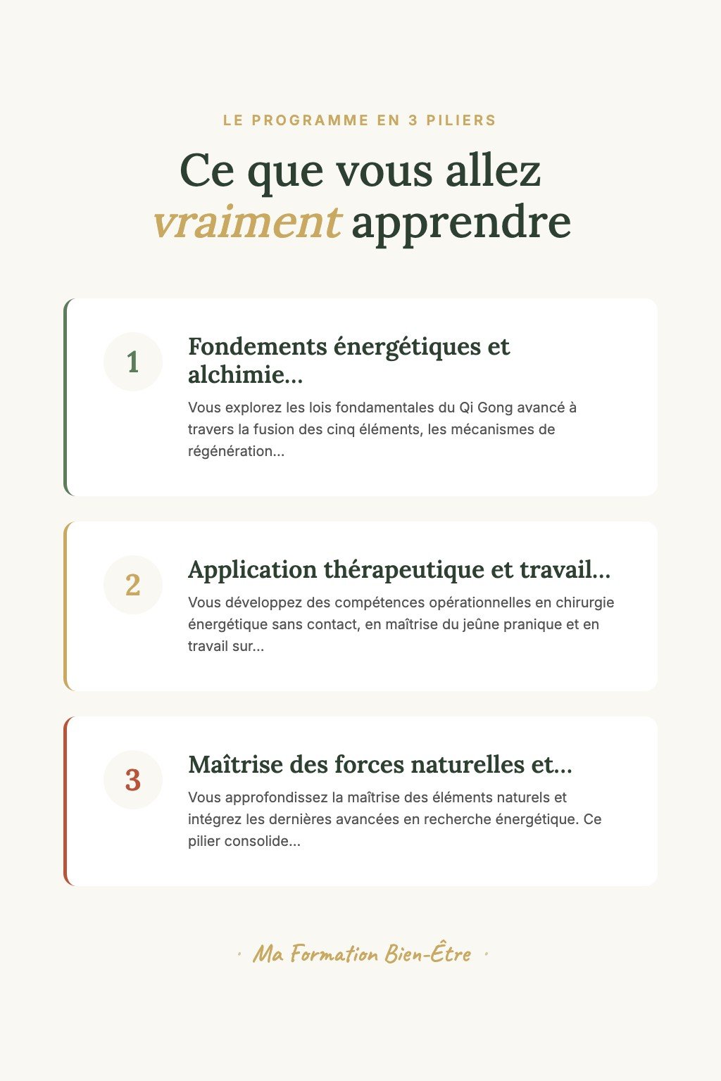 Les 3 piliers du programme · Maîtrisez l'Art du Qi Gong Thérapeutique et Transmettez l'Excellence de la Guérison Énergétique Avancée