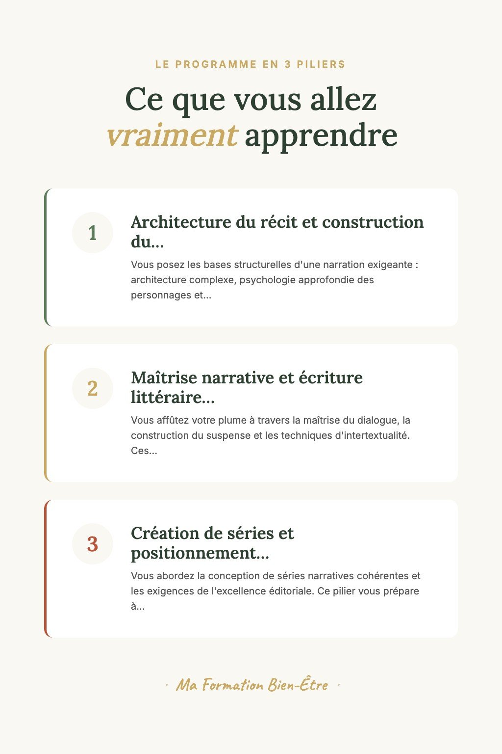 Les 3 piliers du programme · Devenez un Auteur Jeunesse Confirmé Capable de Créer des Manuscrits Publiables aux Standards Éditoriaux Internationaux