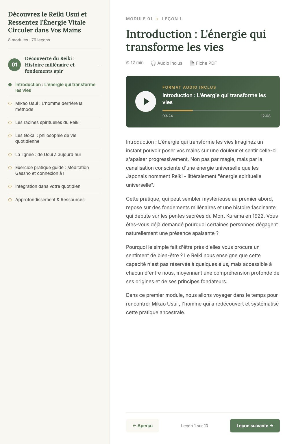 Aperçu d'une leçon · Découvrez le Reiki Usui et Ressentez l'Énergie Vitale Circuler dans Vos Mains