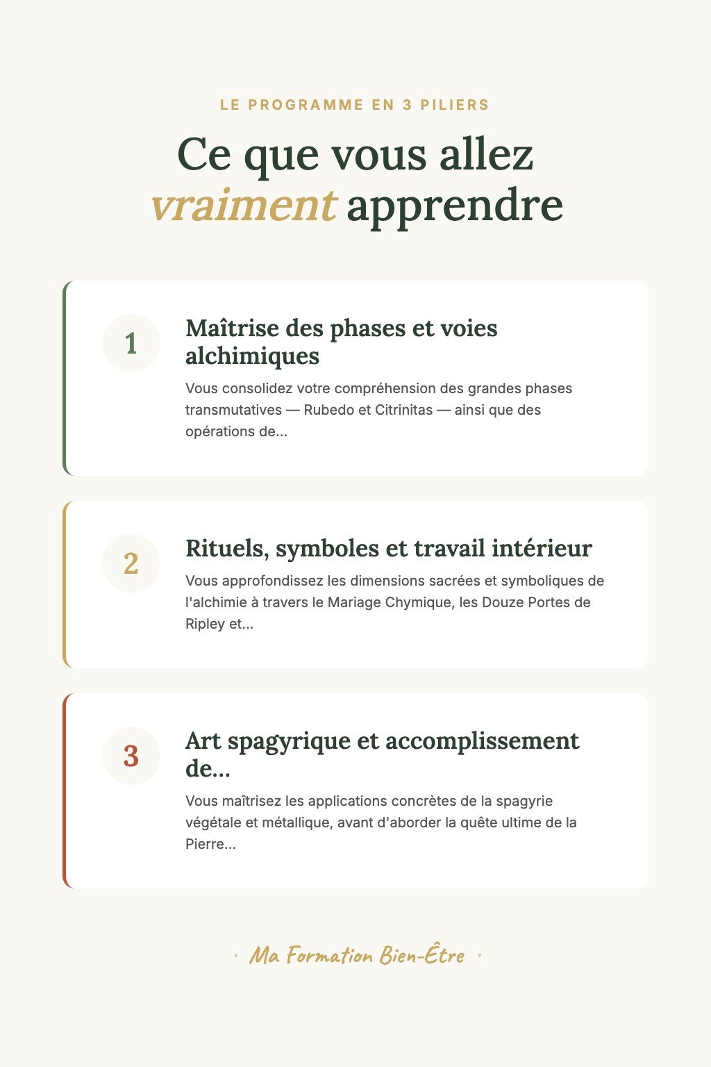 Les 3 piliers du programme · Devenez un Alchimiste Spirituel Confirmé Capable de Diriger des Rituels de Transmutation Collective avec Maîtrise