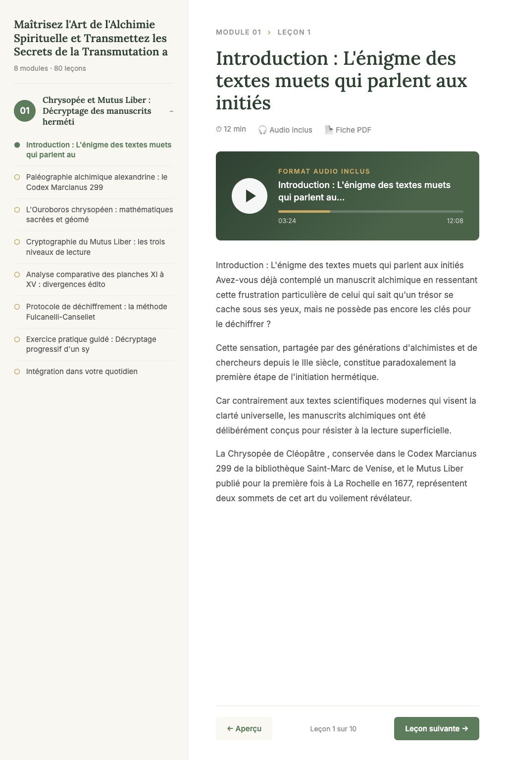Aperçu d'une leçon · Maîtrisez l'Art de l'Alchimie Spirituelle et Transmettez les Secrets de la Transmutation aux Initiés