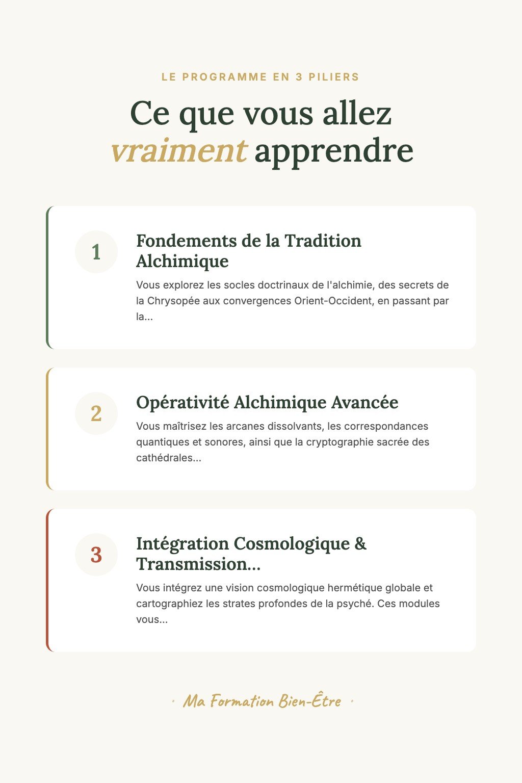 Les 3 piliers du programme · Maîtrisez l'Art de l'Alchimie Spirituelle et Transmettez les Secrets de la Transmutation aux Initiés