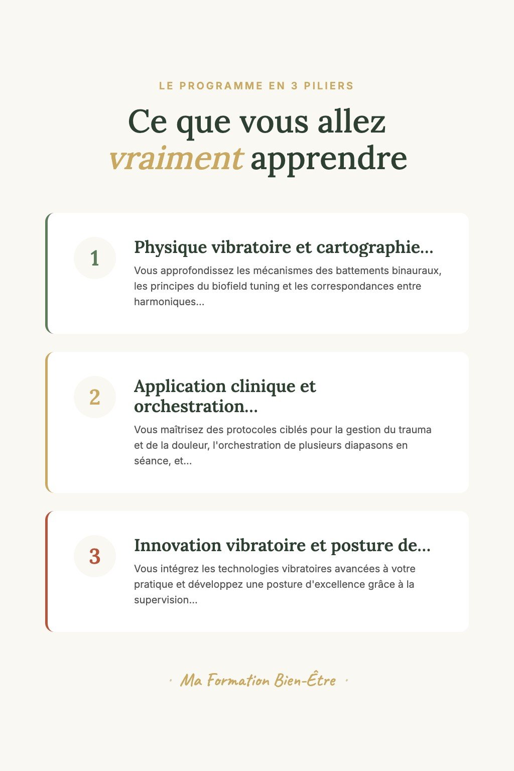 Les 3 piliers du programme · Devenez un Sonothérapeute Confirmé Capable de Créer des Protocoles Multi-Diapasons Personnalisés avec Précision