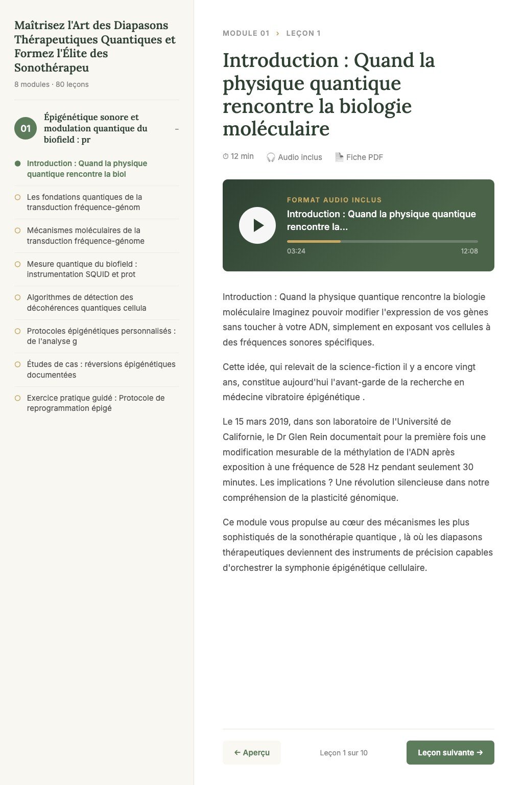 Aperçu d'une leçon · Maîtrisez l'Art des Diapasons Thérapeutiques Quantiques et Formez l'Élite des Sonothérapeutes Cliniques