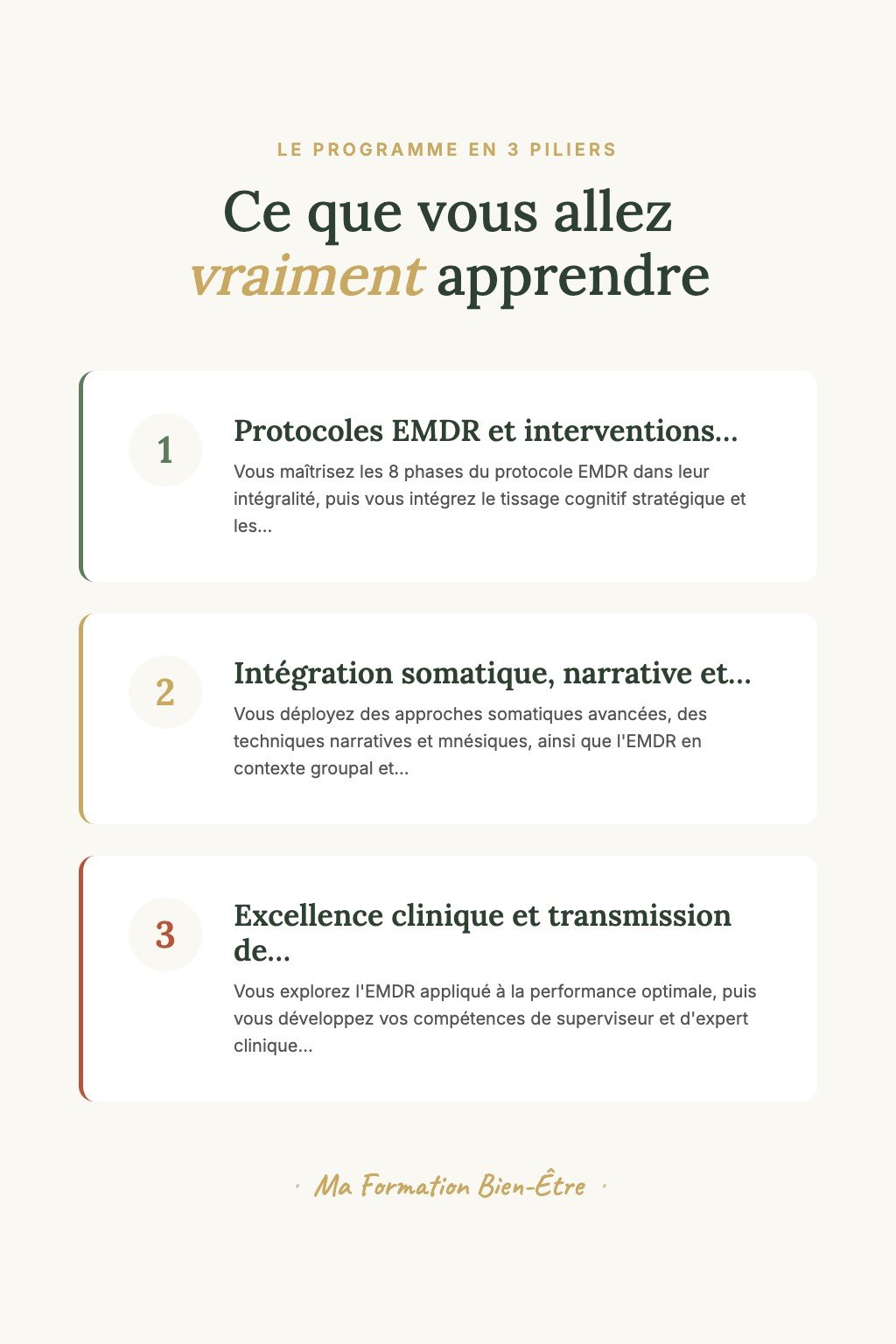 Les 3 piliers du programme · Devenez un Thérapeute EMDR Confirmé Capable de Traiter les Traumatismes Complexes avec Expertise Clinique
