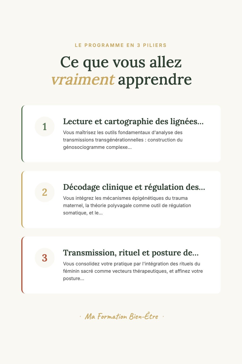 Les 3 piliers du programme · Devenez un Praticien en Guérison des Lignées Maternelles Capable de Libérer les Schémas sur Sept Générations