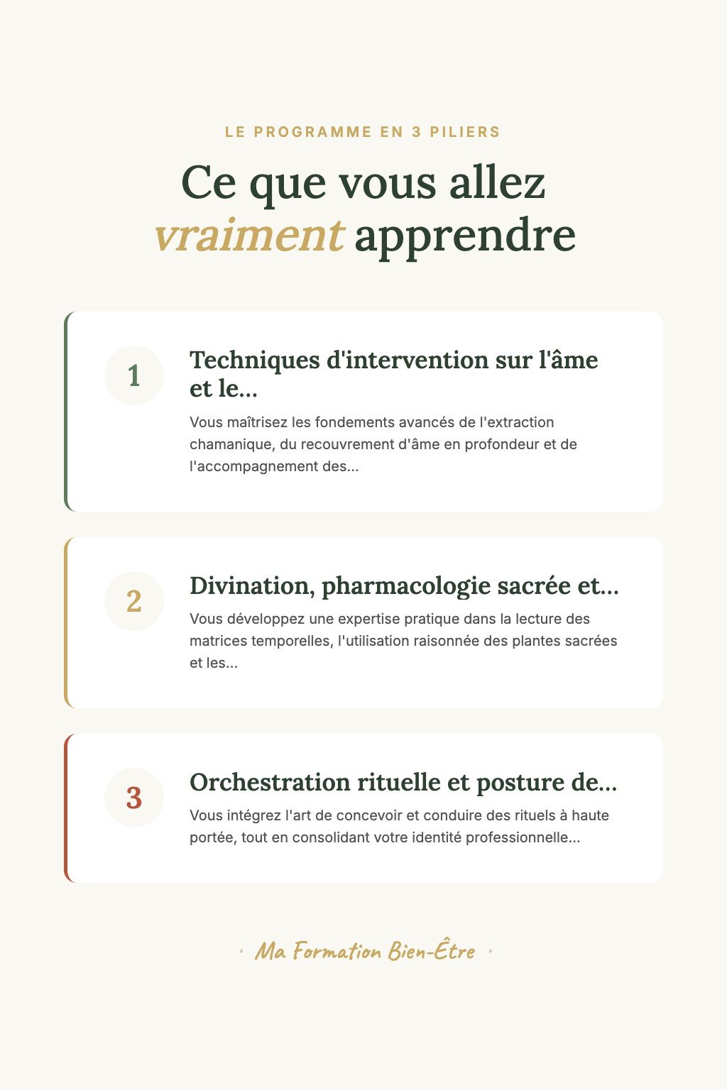 Les 3 piliers du programme · Devenez un Chamane Confirmé Capable de Conduire des Cérémonies de Guérison et de Recouvrement d'Âme avec Expertise