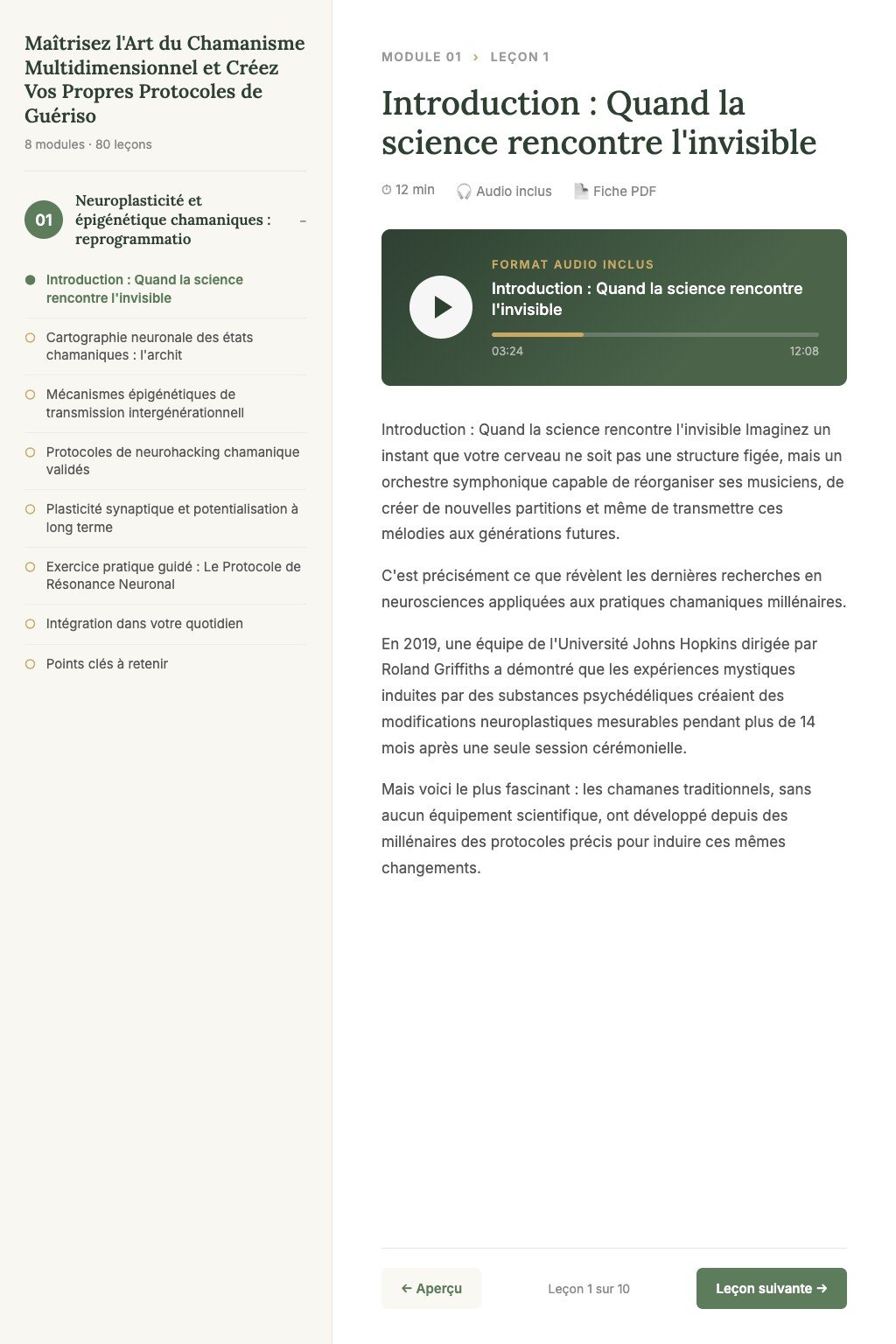 Aperçu d'une leçon · Maîtrisez l'Art du Chamanisme Multidimensionnel et Créez Vos Propres Protocoles de Guérison Avancés