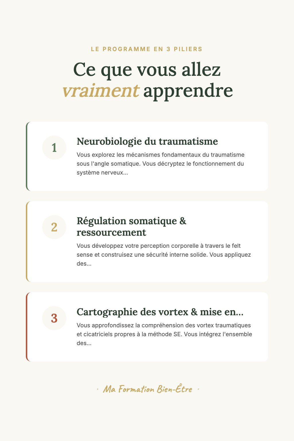 Les 3 piliers du programme · Découvrez le Somatic Experiencing et Faites Vos Premiers Pas vers la Libération des Traumatismes par le Corps